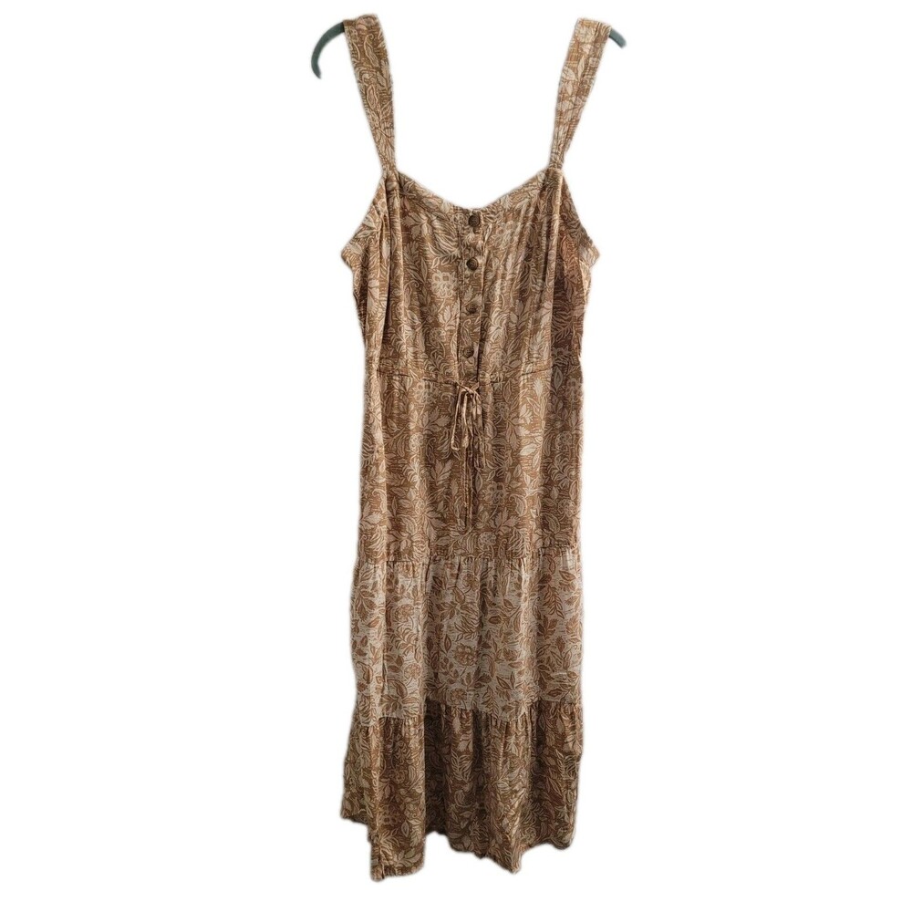 Lucky Brand Dress XL NWT Tan Floral Boho Midi Smocked Back Pockets Button Front